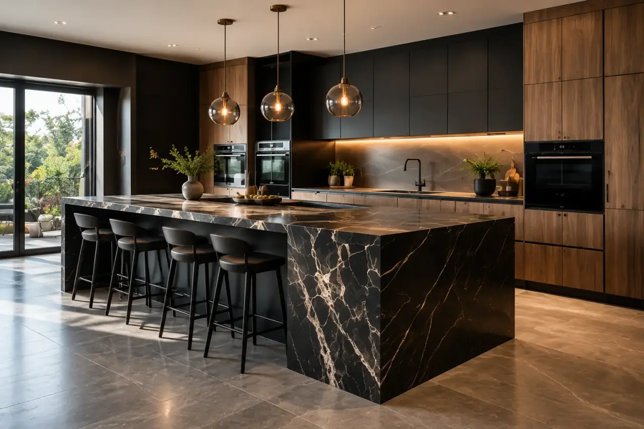 Modern kitchen with a black marble waterfall island, walnut cabinetry and glass pendant lights