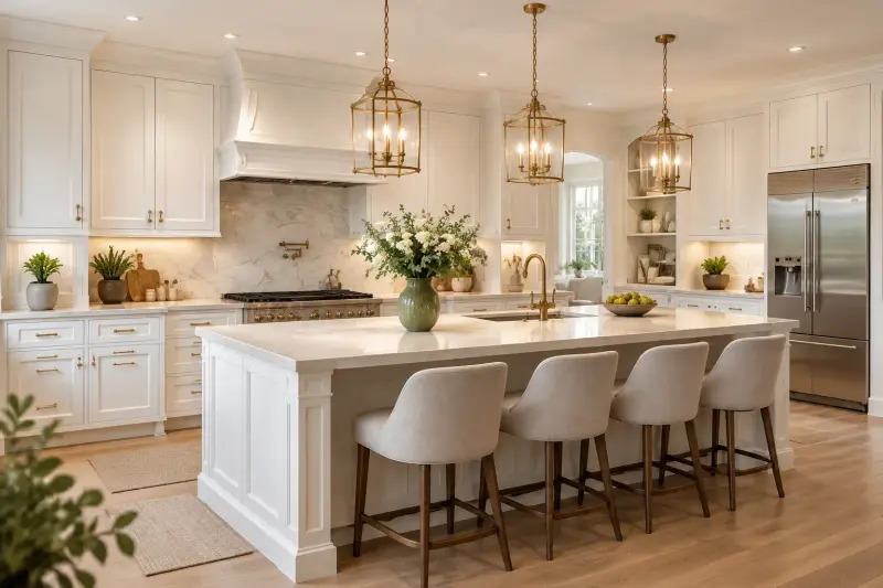 Bright white kitchen with shaker cabinets, brass lantern pendant lights, marble backsplash and a large island with upholstered stools