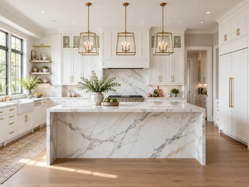 White kitchen with a marble waterfall island and brass pendant lights