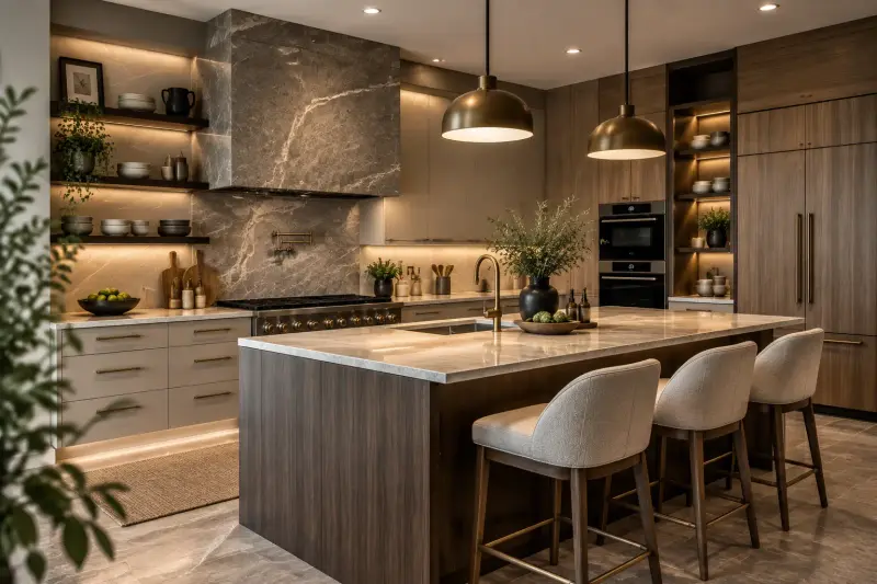 Warm modern kitchen with a stone range hood, walnut cabinets, lit open shelves and dome pendant lights over an island