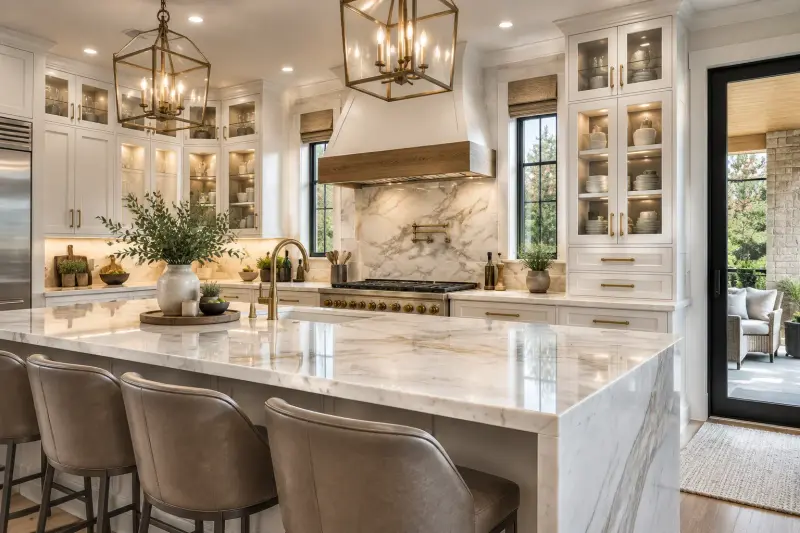 Kitchen with lit glass-front cabinets, a white range hood with wood trim and a polished marble island with leather stools