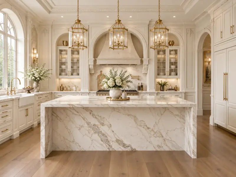 Formal cream kitchen with an arched hood alcove, ornate millwork, brass lanterns and a marble island
