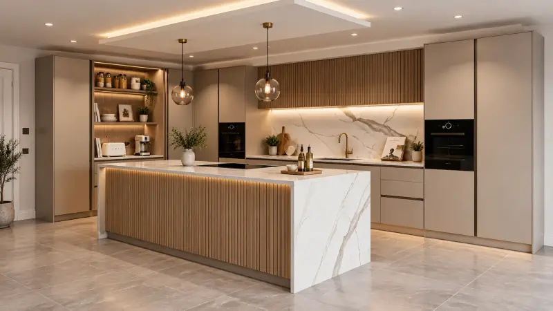Contemporary kitchen with a fluted wood island, marble waterfall end, recessed ceiling lighting and a lit pantry alcove