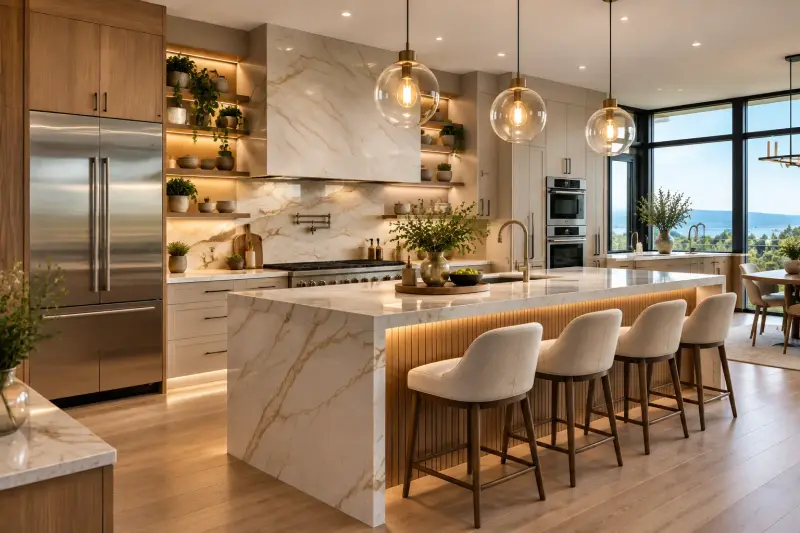 Open-plan kitchen with a stone waterfall island, fluted wood detailing, glass pendants and large windows